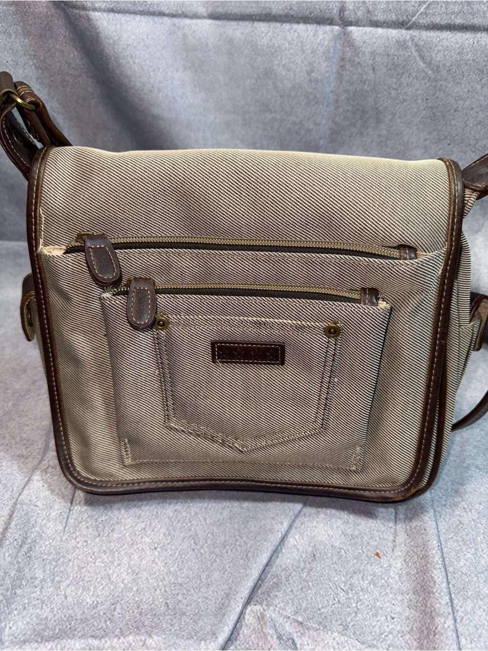 Canvas Messenger Bag in Beige with Brown Trim - Crossbody